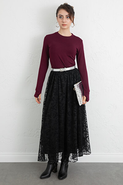 Salih Çelebi Floral Patterned Tulle Skirt 0085 - Black