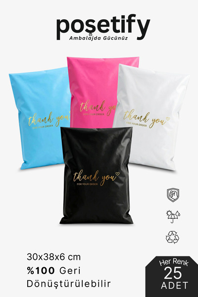POŞETİFY Premium Renkli Kargo Poşeti 30x38x6 cm | 100 Adet | Thank You Baskıl...