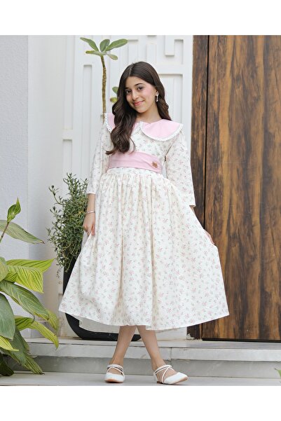 Totikids Pink floral girls' dress with a cute collar and elegant belt | The c...