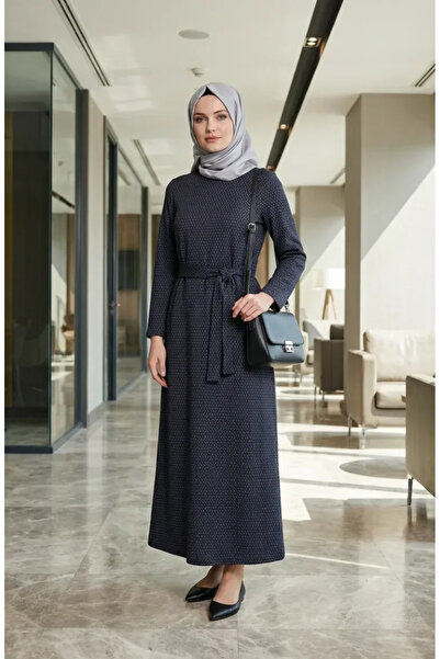 sefamerve Geometric Patterned Belted Hijab Dress 2222-02 Petrol
