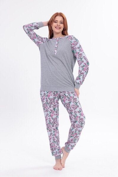 BLACKMORE Women's Gray Floral Patterned Sports Cotton 2-Piece Pajama Set