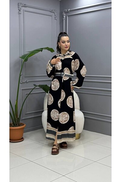 Cannes فستان نسائي طويل بحزام وأزرار ونقشة مميزة باللون الأسود