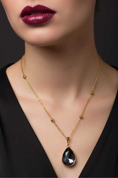 Tuncel Store قلادة فولاذية ذهبية اللون بتصميم قطرة مدخنة - 3731