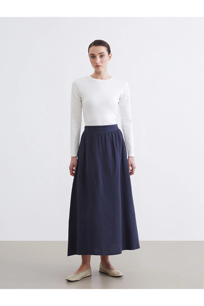 LC Waikiki LCW Modest Lacivert Beli Lastikli Dokulu Kloş Etek