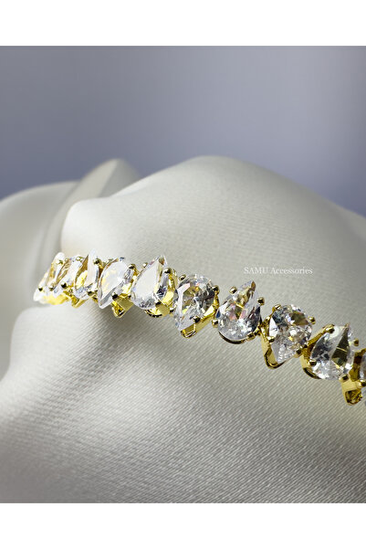 Samu Accessories Damla ve Kare Taşlı Esnek Su Yolu Çelik Bileklik - Golden Pe...