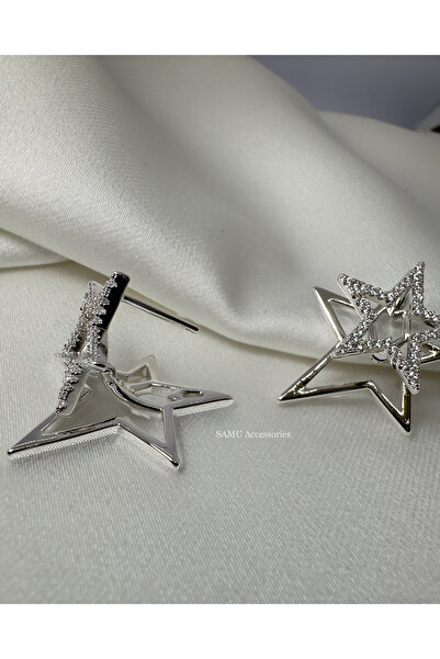 Samu Accessories Taşlı Çift Yıldız Tasarım Çelik Küpe - Silver Celestial Duo ...