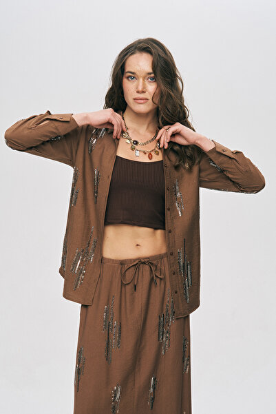 Orfeo Negro Women's Glow Sequin and Bead Embroidered Viscose Oversize Shirt