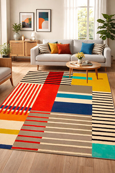 Decomia Home Dijital Kaymaz Yıkanabilir Etnik Desenli Retro Salon Halısı Mutf...