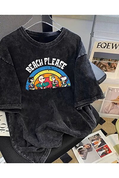 Le Savu Tricou oversize vintage unisex cu imprimeu Beach Please, lavabil