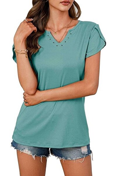 OEM SOADKP casual short-sleeved blouse with V-neck for women, green, size M, ...