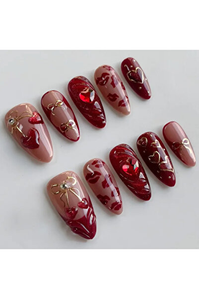 B&B Beauty 24 Adet 3D Kedi Gözü Kırmızı Kalp ve Kirazlı Badem Takma Tırnak Seti