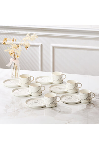 Malooki Set 6 cești de cafea din porțelan cu farfurioare duble pentru gustări...