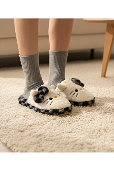 redtan Women's Navy Blue Black Hello Figured Plush Slippers Home Slippers