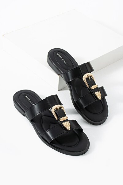 diclepolat Women's Tan Buckle Double Strap Casual Slippers - Comfort Sole Velin