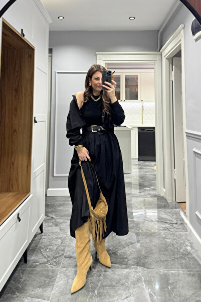 Banu Angay Jacketed Sleeveless Belted Parachute Dress Suit Black