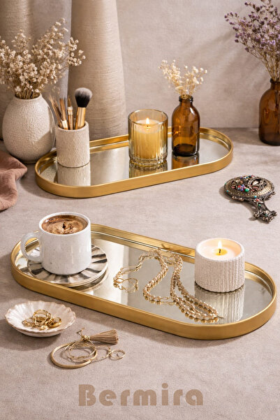 BERMİRA Home Collection 3'lü Oval Aynalı Sunumluk Altın Gold 12x30 İkramlık K...