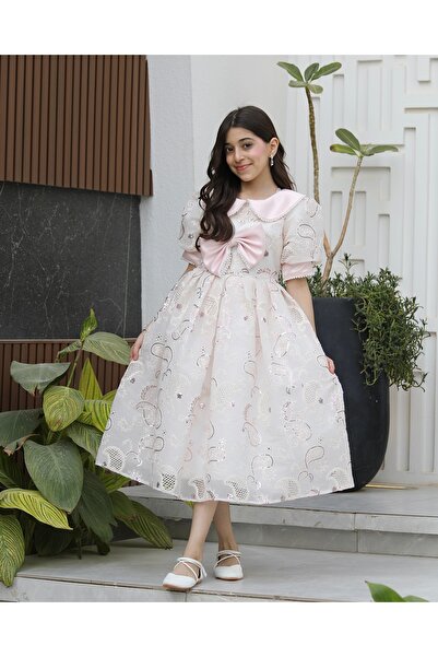 Totikids Pink girls' dress with a pearl bow and embellished sleeves | Where e...