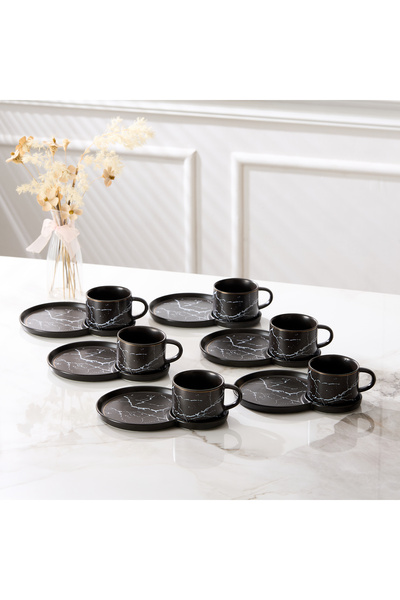 Malooki Set of 6 porcelain coffee cups with double snack saucers, 180 ml - Black