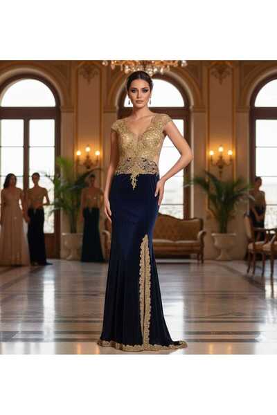 KALDE Velvet evening dress with embroidery on the bodice