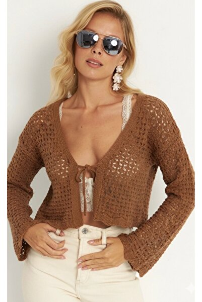 Be Best Women's Brown Openwork Knitwear Cardigan Be335