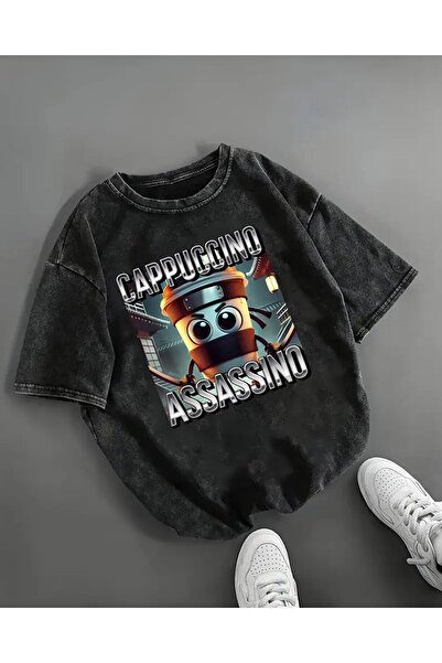 Le Savu Washable Sahur Cappuccino Printed Unisex Oversize Vintage T-Shirt