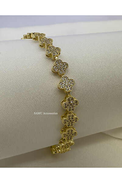 Samu Accessories Pavé Taşlı ve Uzatmalı Yonca Çelik Bileklik - Golden Pavé Cl...