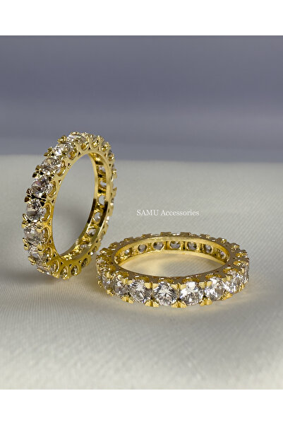 Samu Accessories Kare Taşlı Tam Tur Çelik Yüzük - Golden Princess Eternity Ring