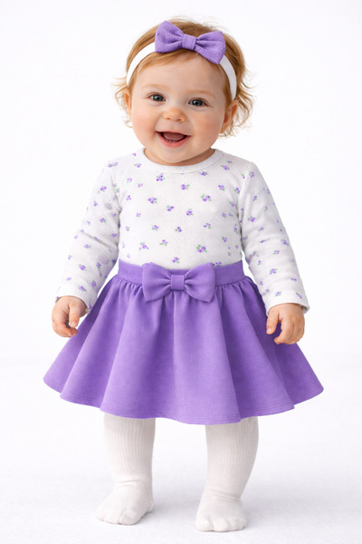 bebekpare Kız Bebek Fiyonklu Etek Bluz & Bandana Takım – %100 Pamuk Mor