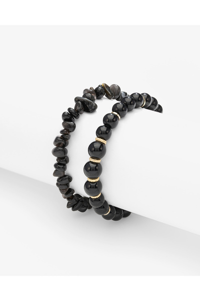 TARZ-I TAKI (2 Bracelets) Natural Stone Cracked & 8 mm Black Onyx Stone Women...