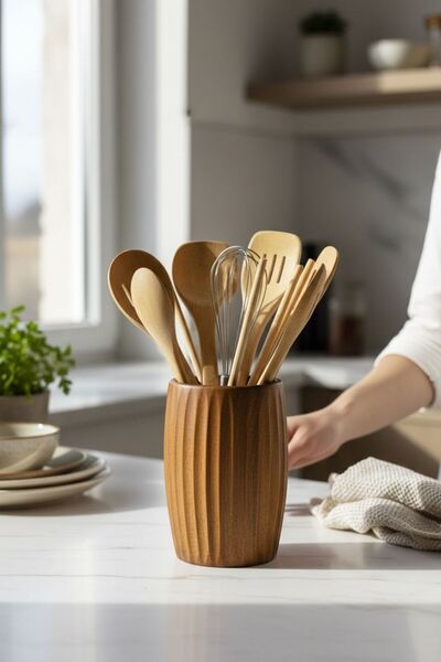 zezedesing Akasya Curve Handcrafted Natural Wood Spoon Holder & Vase (11X17 cm)