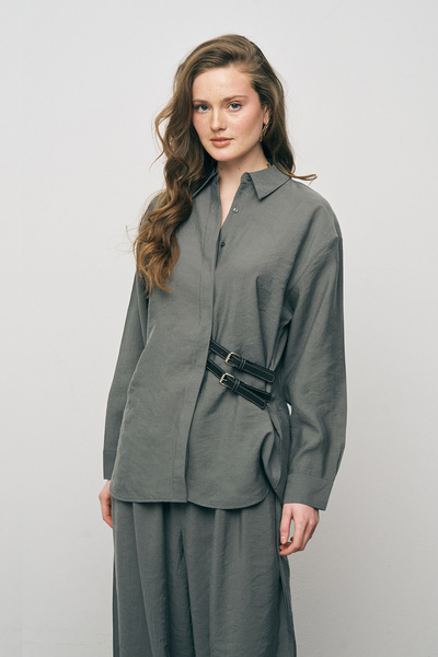 Orfeo Negro Women's Lyocell Luxe Silky Shirt with Double Belt Accessories