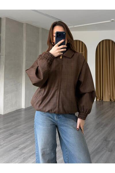 Coral Plaid Bomber Jacket 36969 Brown