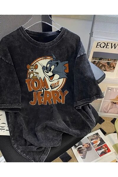 Le Savu Tricou vintage oversize unisex cu imprimeu Tom & Jerry, lavabil