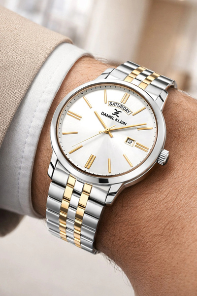 Daniel Klein ساعة يد رجالية بسوار من الفولاذ مع تقويم وسوار هدية ذهبي-فضي zmd...