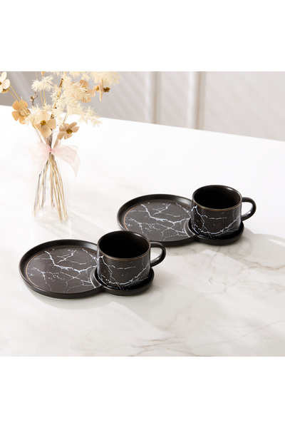 Malooki Set of 2 porcelain coffee cups with double snack saucers, 180 ml - Black