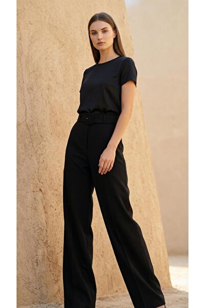 EZEL Wide Leg Belted Fabric Trousers