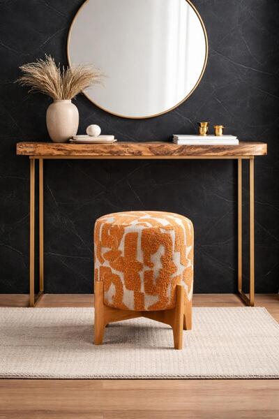 AZM DESİGN Sun Ahşap Ayaklı Turuncu Desenli Puf