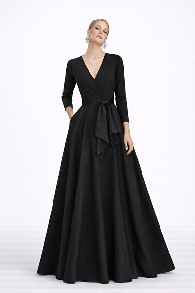 UNTIMELY Double-Breasted & Belted Maxi Black Crepe Dress