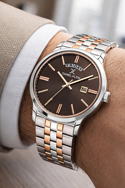 Daniel Klein ساعة يد رجالية بسوار فولاذي وعلبة فضية وردية مع تقويم هدية zmdk1205