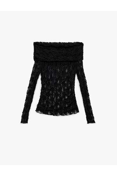 Koton Slim Fit Semi-Sheer Long Sleeve Off-Shoulder Lace Blouse