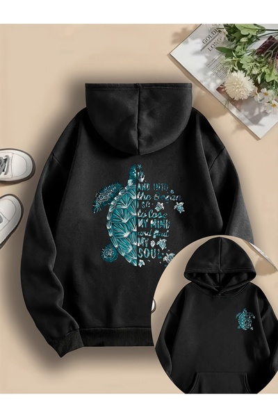 Deocept Unisex Caretta Printed Hooded Kangaroo Pocket Comfortable Fit Oversiz...