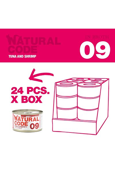 Natural Code 9 علب من التونة والروبيان للقطط، 85 غرام، عبوة من 24 علبة