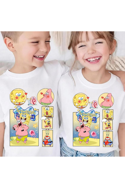 Tubinyoo Beyaz Renkli Sünger Bob & Patrick Baskılı Çocuk Tişört (tekli ürün)