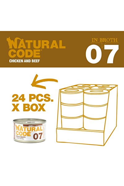 Natural Code 7 علب دجاج ولحم بقري للقطط 85 غرام، عبوة من 24 علبة