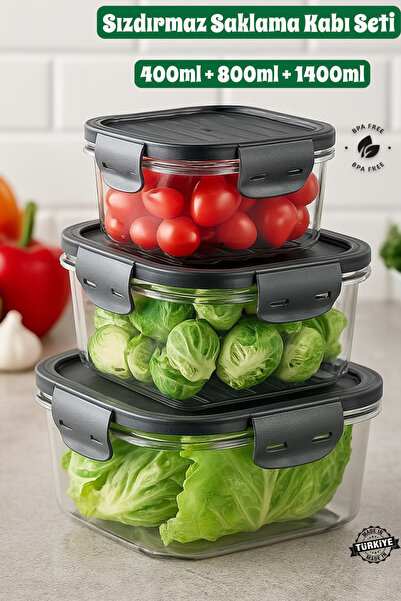 Citim Tam Vakumlu Hava Geçirmez Sızdırmaz Kilitli Saklama Kabı 3'lü Set Şeffa...