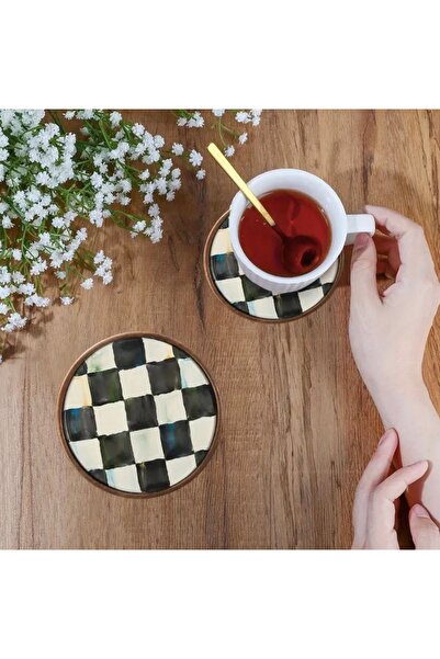So Iconic 4 Adet Mackenziestyle Ahşap Siyah-Beyaz Damalı Bardak Altlığı/Kahve...