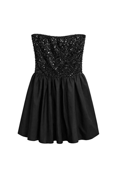 lidyasara Kadın Pullu Payetli Straplez Mini Balon Elbise Siyah