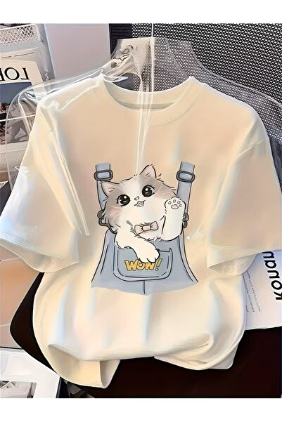 oneagılyazı Cute Cat Pattern Short Sleeve Round Neck T-Shirt for Women That C...