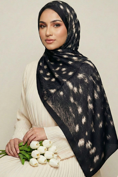 MetuCA Women's Black Gazelle Patterned Cotton Soft Textured Seasonal Hijab Shawl