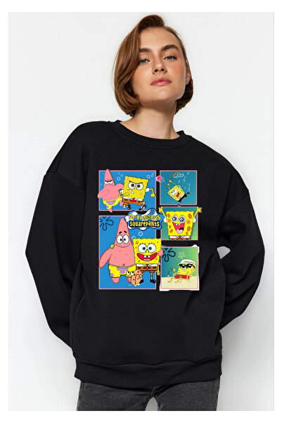 Tubinyoo Sünger Bob & Patrick Baskılı Bisiklet Yaka 3 iplik Sweatshirt
